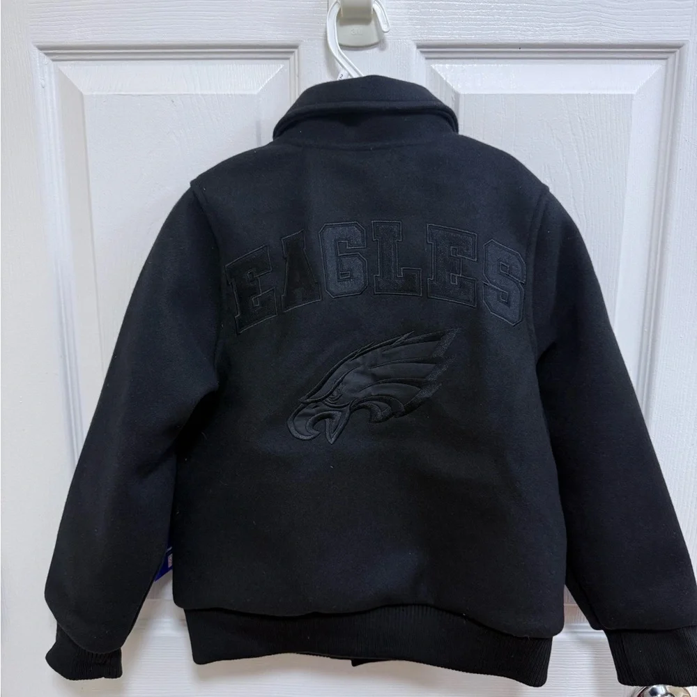 NWT NFL Philadelphia Eagles Kids Black Varsity Bomber Jacket, Size 8